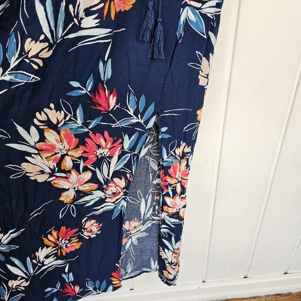 Band of Gypsies Smocked Bodice Blue Pink Floral Boho Tassel Slit Maxi Dress Med. - Picture 15 of 16